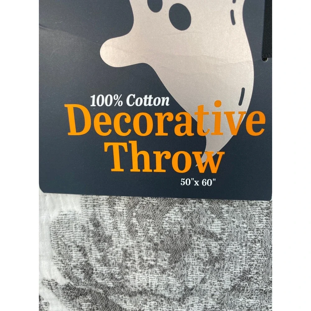 Indigo Home Throw Blanket 50x60 Spooky Skull Floral Toile Grey White Halloween